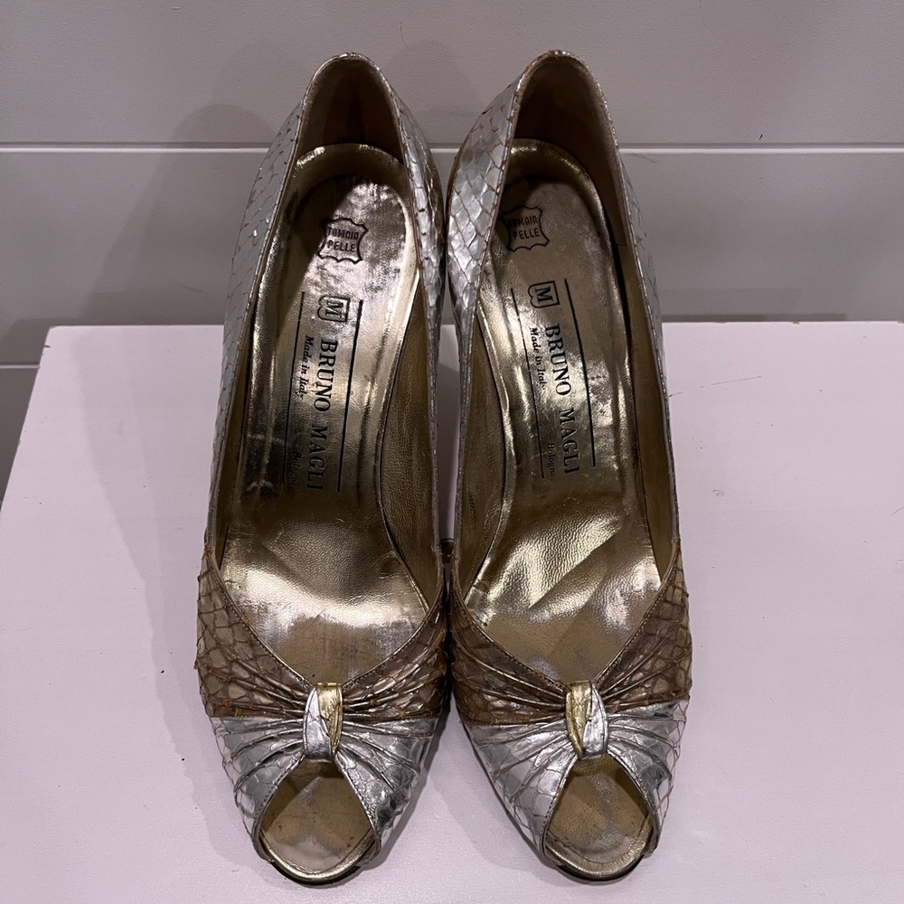 Bruno Magli Women's Silver and Gold Peep Toe Heels